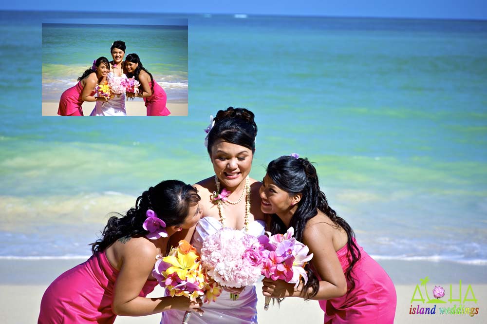 bride with her bridesmaids in Hawaii on the beach